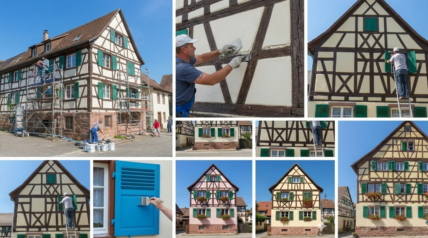 artisan façadier appliquant un enduit de lissage sur une maison à colombages en alsace
