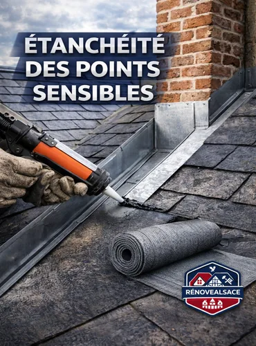 Artisan zingueur réalisant l’étanchéité des points sensibles de toiture dans le Haut-Rhin