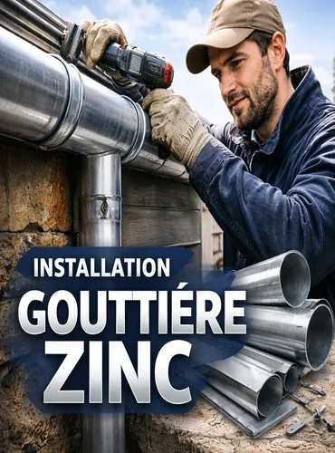 Artisan zingueur installant une gouttière en zinc sur une maison dans le Haut-Rhin
