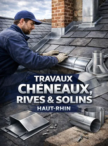 Artisan zingueur réalisant des travaux de chéneaux, rives et solins dans le Haut-Rhin