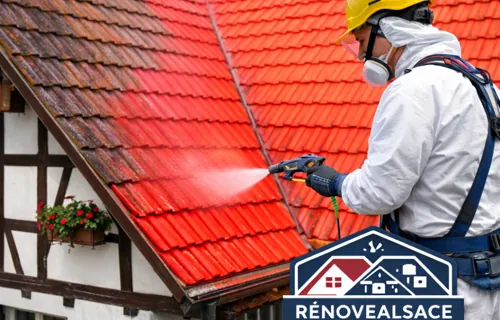 Peinture de toiture en tuiles réalisée par artisan couvreur en Alsace dans le Haut-Rhin